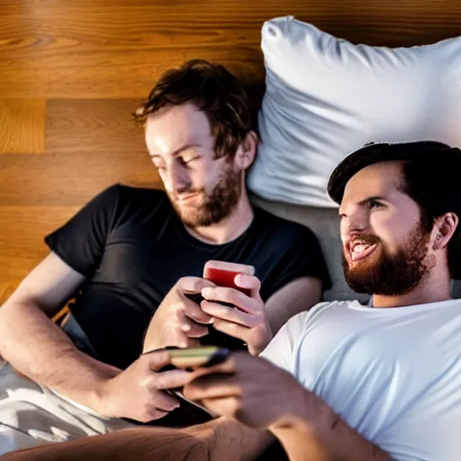 Prompt: two guys laying in bed playing games on there smartphones