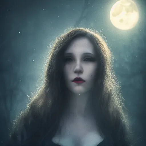 Image similar to Riveting Charismatic female vampire Pandora, portrait, atmospheric lighting, painted, intricate, Highgate cemetery, volumetric lighting, beautiful, moon light, sharp focus, ultra detailed, by Leesha Hannigan, Ross Tran, Thierry Doizon, Kai Carpenter, Ignacio Fernández Ríos