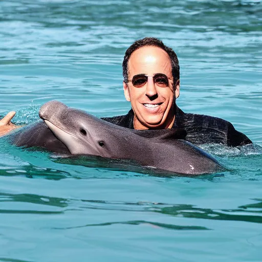 Prompt: jerry seinfeld swimming with a dolphin