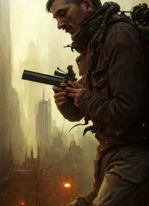 Image similar to a survivalist man, in postapocalypse city, diffuse lighting, fantasy, intricate, elegant, highly detailed, lifelike, photorealistic, digital painting, artstation, illustration, concept art, smooth, sharp focus, art by john collier and artem demura and albert aublet and krenz cushart and alphonse mucha