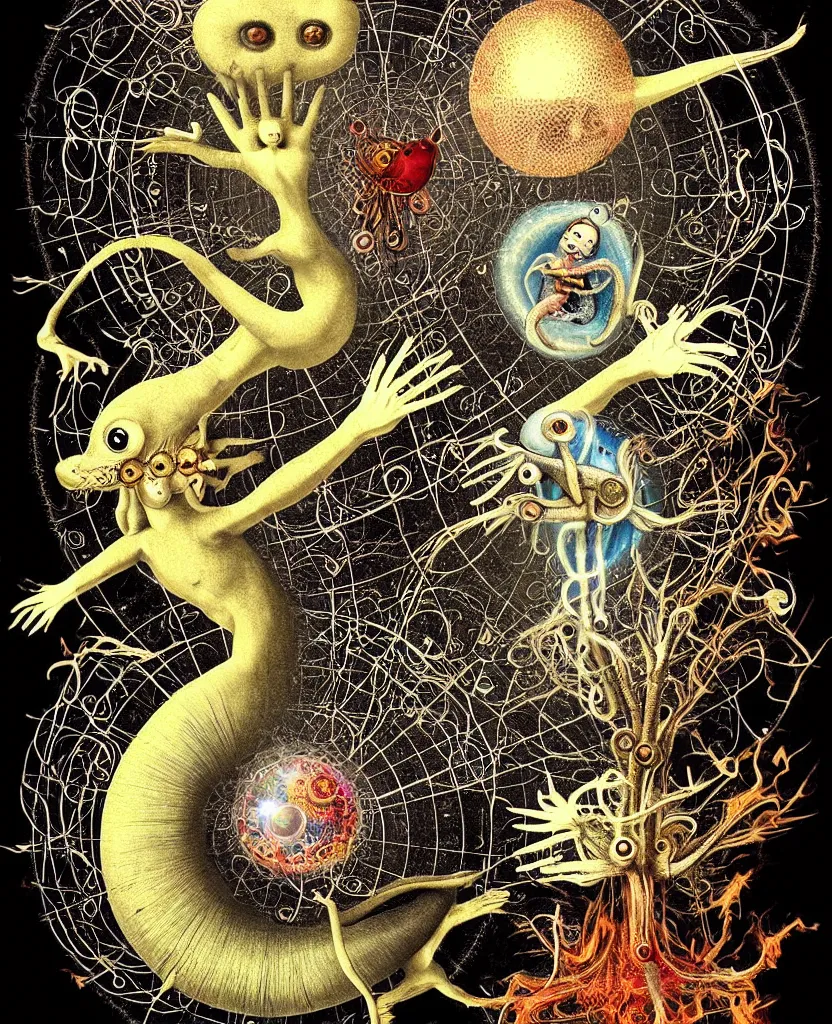 Image similar to whimsical freaky creature sings a unique canto about'as above so below'being ignited by the spirit of haeckel and robert fludd, breakthrough is iminent, glory be to the magic within, cosmic collage by ronny khalil