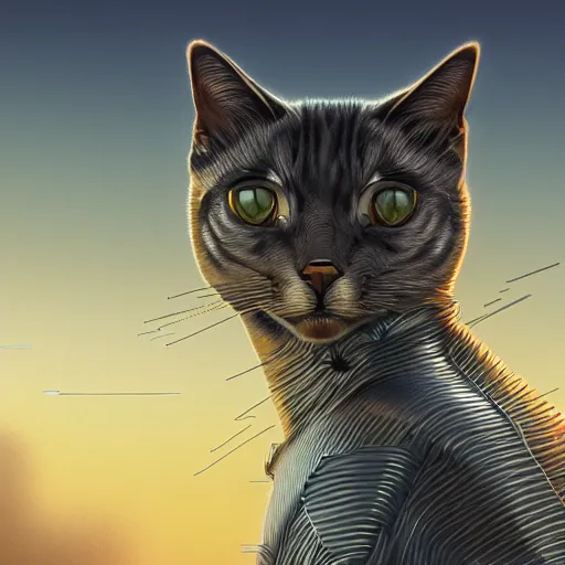 Image similar to gold and silver tones, cybernetic cat in a deserted town, style of moebius, james jean, rutkowski, cinematic, high detail, award winning, 8 k photorealistic