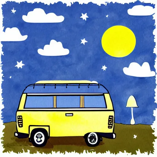 Image similar to beautiful cute cozy very little camper van by the water, sunset, puffy cute clouds, cute simple cartoon, vector, white background, watercolor, 4 colors!!!