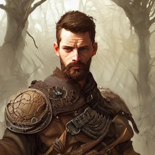 Image similar to portrait of a rugged male ranger, D&D, fantasy, intricate, elegant, highly detailed, digital painting, artstation, concept art, smooth, sharp focus, illustration, art by artgerm and greg rutkowski and alphonse mucha