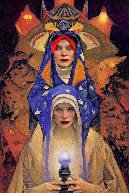 Image similar to queen of the darkness with her lantern and her stars, by Annie Swynnerton and Nicholas Roerich and Vermeer, strong dramatic cinematic lighting , ornate headdress , lost civilizations, smooth, sharp focus, extremely detailed