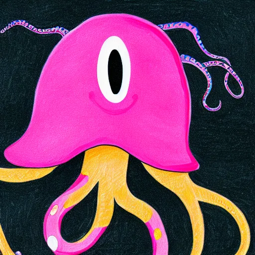 Prompt: multicolor drawing of a sad octopus wearing a pink hat by alex heywood in 4 k ultra high resolution, with depressive feeling