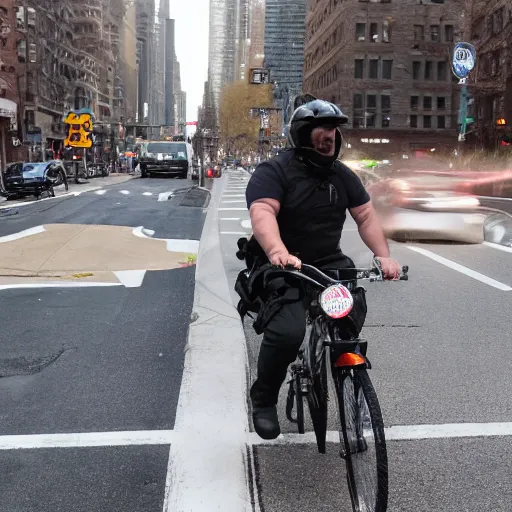 Prompt: a biker in manhattan using pepper spray against a new jersey driver in the bike lane