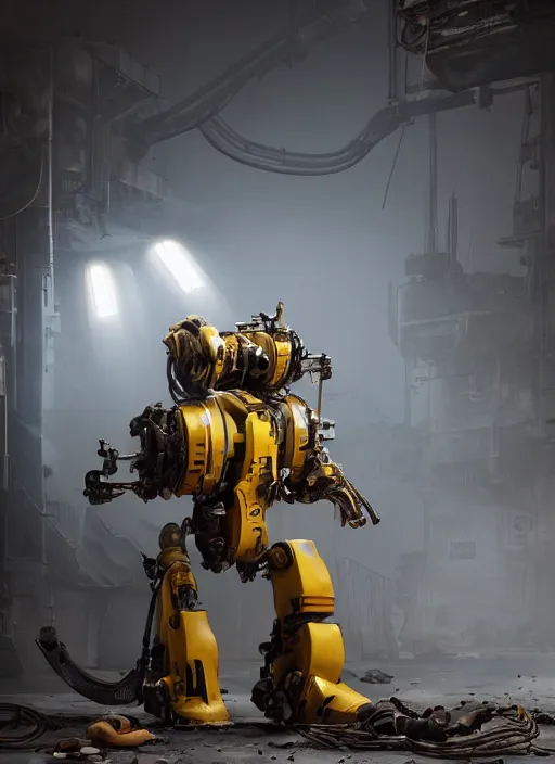 Image similar to a photorealistic dramatic hyperrealistic render of a futuristic exosuit power loader heavy machinery, ultra realistic details, glossy yellow, well worn, rust, oil stains by vitaly bulgarov and mike nash, beautiful dramatic dark moody tones and lighting, cinematic atmosphere, studio lighting, global illumination, shadows, dark background, octane render, 8 k