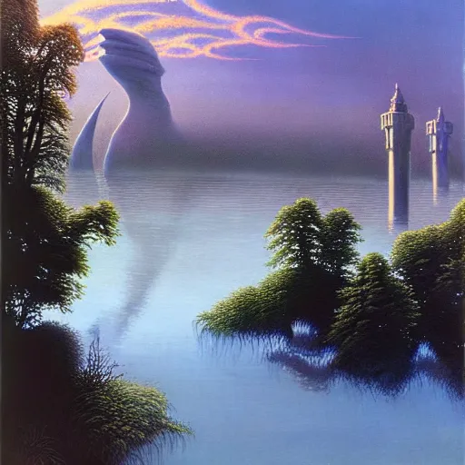 Prompt: ominous shale and ruddy steel trade city half - submerged in the sipsey river, michael whelan, angus mcbride, ted nasmith, 3 2 k huhd