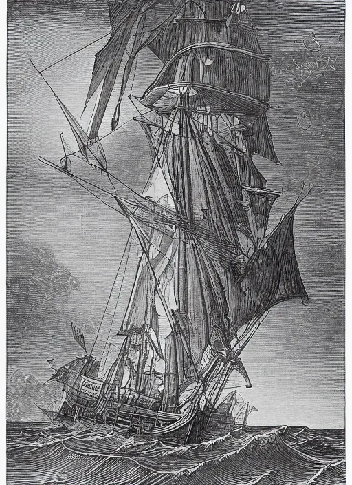 Image similar to realistic galleon on the high seas big waves moonlight, art by james o barr and albrecht durer and gustave dore, woodblock print, steel engraving, black and white, vector, vector art