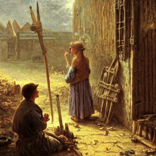 Prompt: jean francois millet as slum neighborhood on lord of the ring, random content position, human face details with, emotion, environment contents detail, incrinate, rgb color