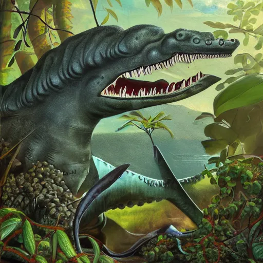 Prompt: plesiosaur, ancient marine reptile, fanged serpent face, vicious, snapping teeth, tangled in jungle bramble, ensnared in vines, oil painting, dappled light, global illumination