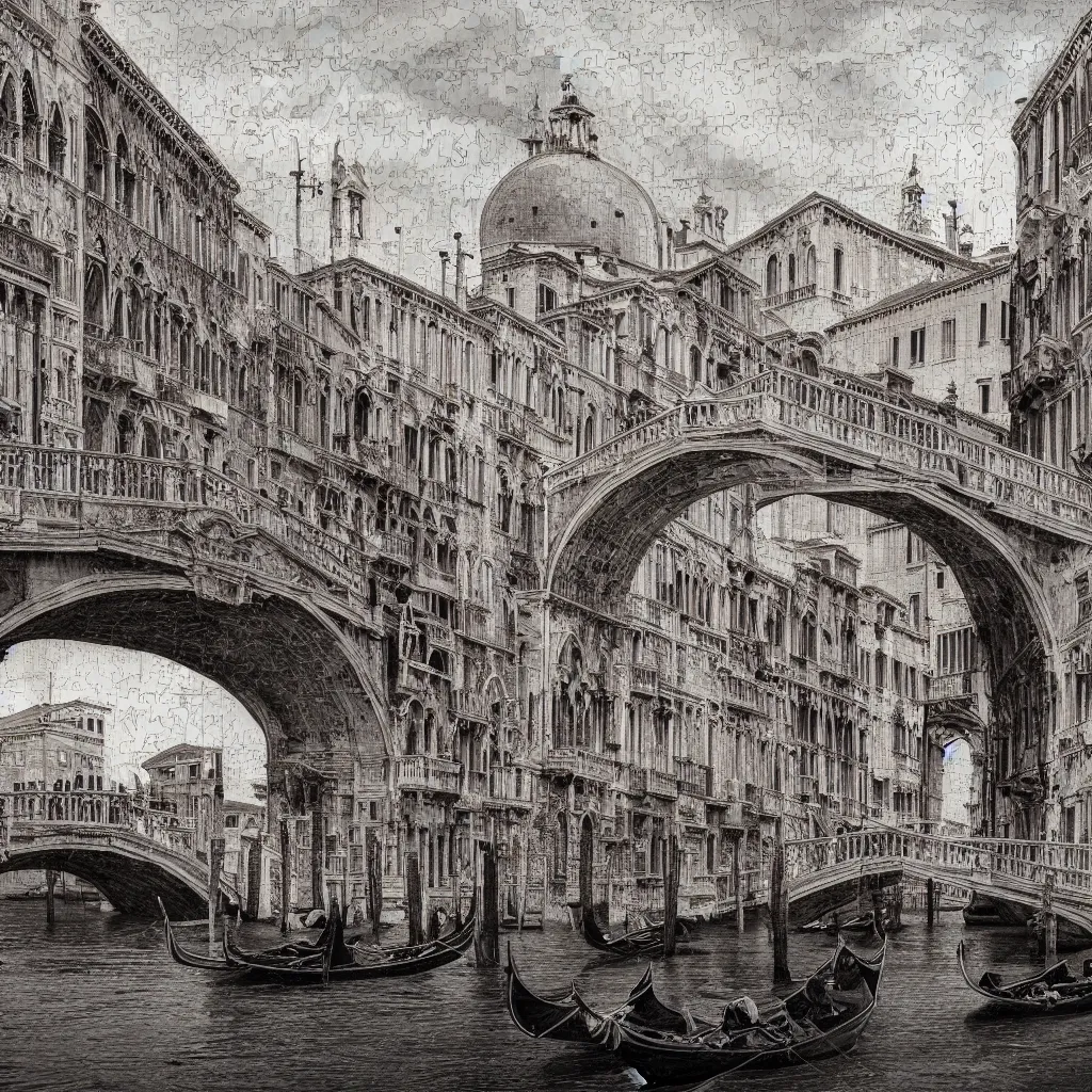 Image similar to venice bridges puzzle by piranesi, composition, cinematic, rule, grid