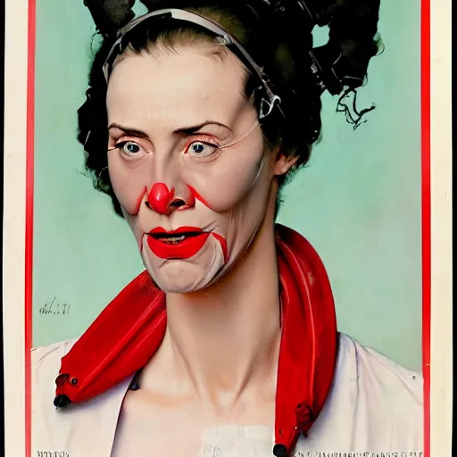 Prompt: Frontal portrait of a science fiction woman with a hysterical facial expression. White and red color palette. Norman Rockwell painting.