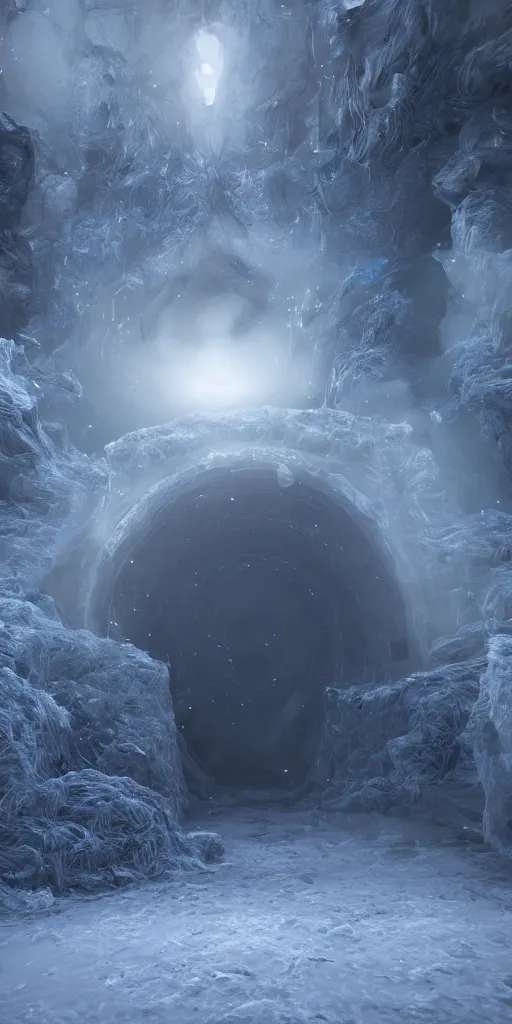 Image similar to interdimensional galaxy portal covered in frost, ice gate, volumetric light, volumetric fog, unreal engine, photorealistic, 8 k