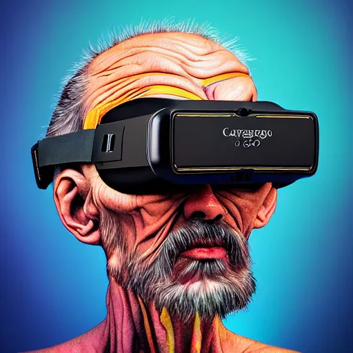 Image similar to Colour Caravaggio style Photography of 1000 years old man with highly detailed 1000 years old face wearing higly detailed cyberpunk VR Headset designed by Josan Gonzalez Many details. . In style of Josan Gonzalez and Mike Winkelmann andgreg rutkowski and alphonse muchaand Caspar David Friedrich and Stephen Hickman and James Gurney and Hiromasa Ogura. Rendered in Blender