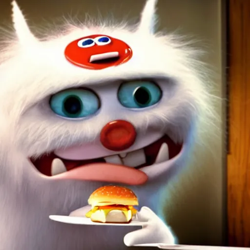 Prompt: a photo of a white fur monster standing and eating a hamburger in a restaurant, monsters inc.