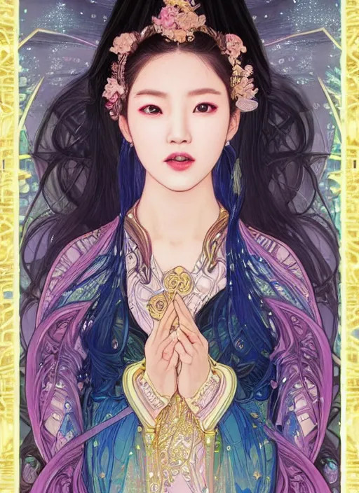 Image similar to Kim Ji-soo from Blackpink as magical celestial princess wearing luxurious futuristic chic slim pearlescent dress, bright gold eyes, peaceful expression, fantasy, intricate pink and royal blue dress, captivating, seductive look, accurately portrayed, portrait art by James Jean and Alphonse mucha, highly detailed, digital painting, concept art, illustration, multiversal paradise shining rgb luxurious lights, trending on artstation, very detailed, smooth, sharp focus, octane render, close-up