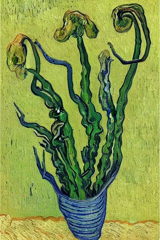 Image similar to Fiddleheads, painted by Vincent Van Gogh (1890), oil on canvas, detailed brushstrokes