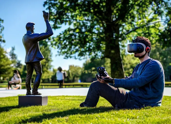 Image similar to photo still of a bronze statue of a man gaming in vr in a park on a bright sunny day, 8 k 8 5 mm f 1 6