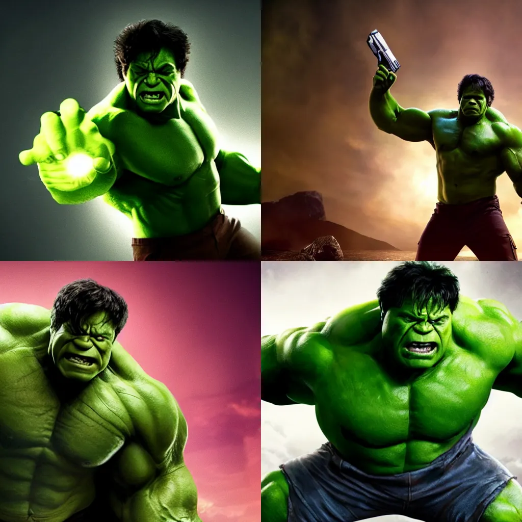 Prompt: danny devito as the incredible hulk holding a pistol, marvel cinematic universe, dramatic lighting, hd, 8k