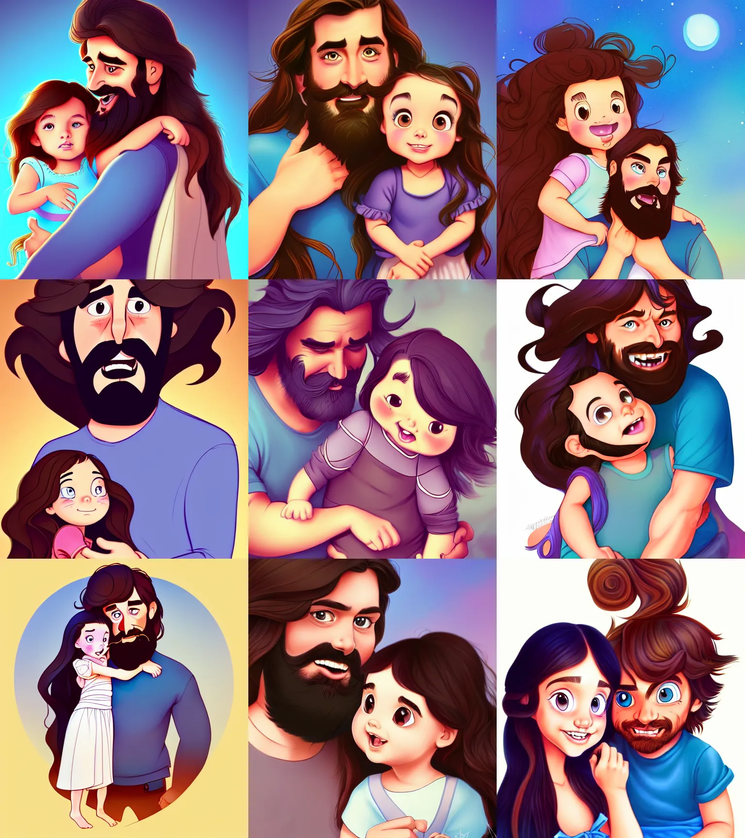 Image similar to a long - haired bearded father and his brunette child toddler girl, love, feeling, happy, full color digital illustration in the style of don bluth, artgerm, artstation trending, 4 k