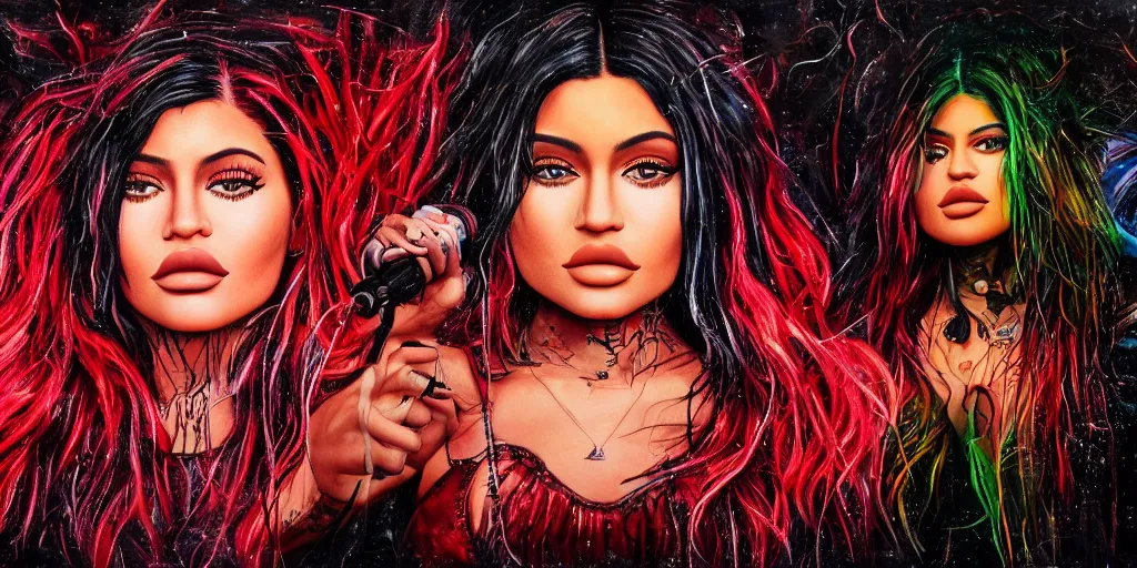 Prompt: hyper realistic kylie jenner on a tomorrow land stage in the style of a slipknot album cover, minimal art style, highly detailed, intricate, digital painting, artstation, 3 5 mm film grain