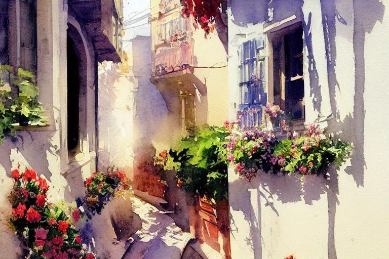 Prompt: abstract watercolor painting of spanish street, white buildings, flowers in window, summer, magical and traditional, cinematic light, sharp shadows, daylight, national romanticism by anders zorn, by greg rutkowski, by greg manchess