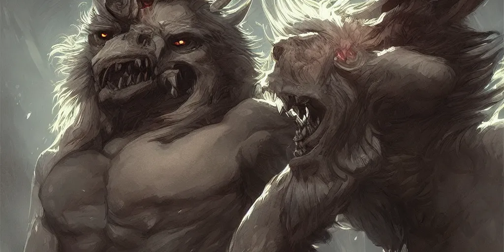 Image similar to angry high moral debauchery werewolf, portrait, highly detailed, digital painting, artstation, concept art, smooth, sharp focus, illustration, cinematic lighting, art by artgerm and greg rutkowski and alphonse mucha H 768