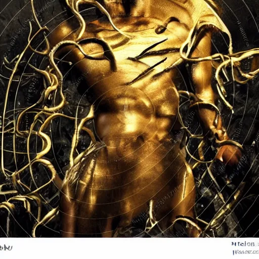 Prompt: All powerful Omnipotent, stunning beauty, young male, norse sun god, painted face, battle damaged, muscled torso, wearing golden robe of thin tentacles, wires, dystopian, dark ambience, in the style of Ashley Wood,