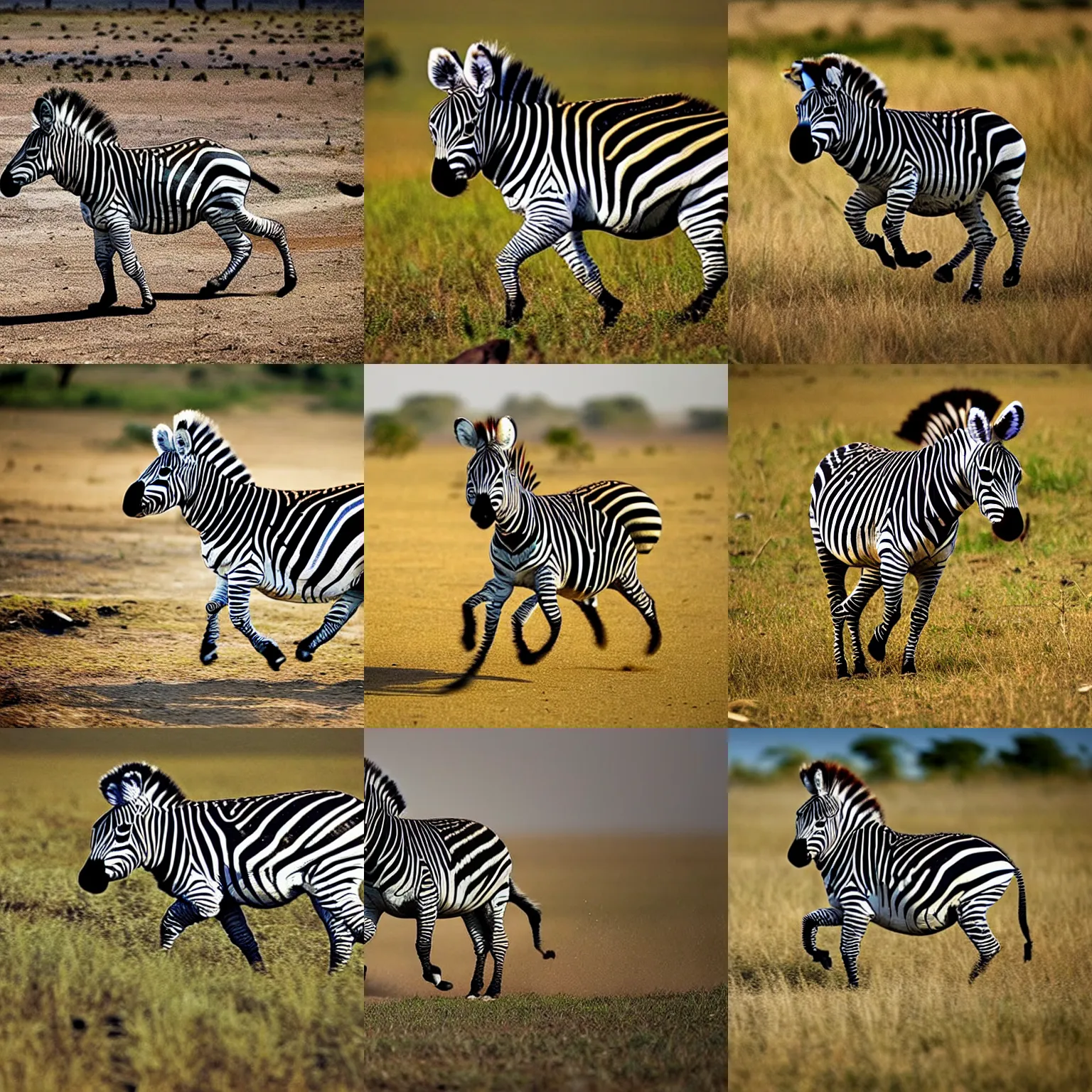 A zebra with a panda head running in savana national stable
