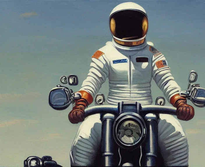 Prompt: a very detailed painting of a astronaut wearing a suit, riding a motorbike down a street, harley davidson motorbike, worm's - eye view, very fine brush strokes, very aesthetic, very futuristic, in the style of edward hopper and grant wood and syd mead, 4 k,