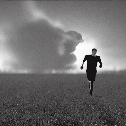 Image similar to cctv footage of a man running across a field, in the background is a large explosion, highly detailed, very realistic.