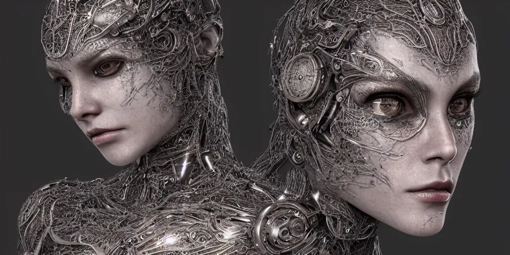 Image similar to ! dream hyperrealistic photography of stunningly beautiful female cyborg, glowing eyes, highly detailed intricate filigree, in the style of beth cavener, jin kagetsu, wlop,, symmetry, masterpiece, concept art, highkey lighting, ambient lighting, hard key light, octane render, 8 k, artstation