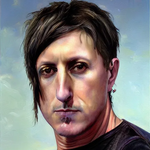 Prompt: stunning serene portrait of Maynard James Keenan starring straight ahead, giving the peace sign, by Mark Arian, oil on canvas, masterpiece, realism, piercing gaze, mercurial bokeh