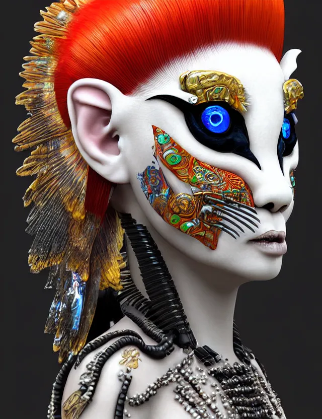 Image similar to 3 d photo realistic goddess close - up profile portrait punk with mohawk with ram skull. beautiful intricately detailed japanese crow kitsune mask and clasical japanese kimono. betta fish, jellyfish phoenix, bio luminescent, plasma, ice, water, wind, creature, artwork by tooth wu and wlop and beeple and greg rutkowski