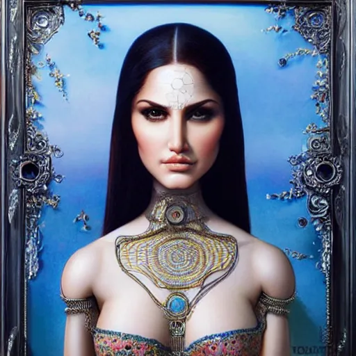 Image similar to sunny leone as humanoid robot, skin flower pattern, highly detailed, expressive eyes, beautiful symmetric body, perfect proportions, highly intricate, art by tom bagshaw and alex gray