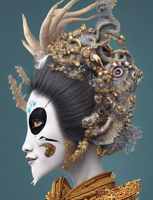 Image similar to 3 d goddess close - up profile portrait with crown, ram skull. beautiful intricately detailed japanese crow kitsune mask and clasical japanese kimono. betta fish, jellyfish phoenix, bio - luminescent, plasma, ice, water, wind, creature, artwork by tooth wu and wlop and beeple and greg rutkowski