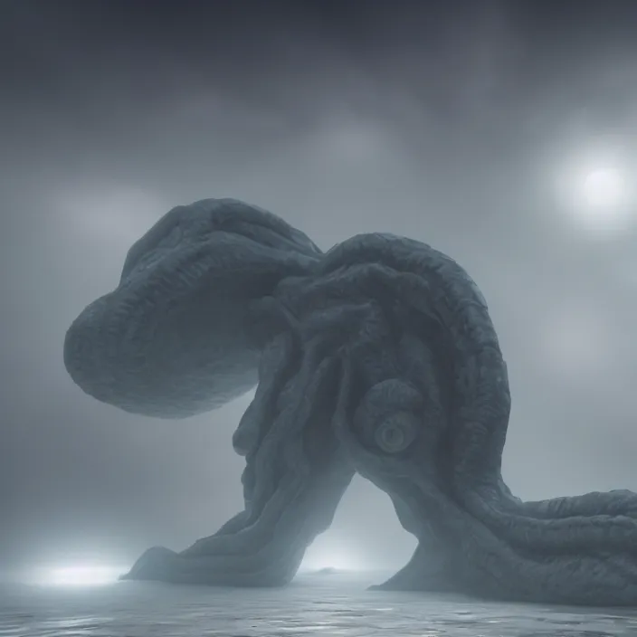 Image similar to a lovecraftian monster emerges out of the clouds, volumetric lighting, fog, atmospheric, high resolution, rendering, octane, redshift