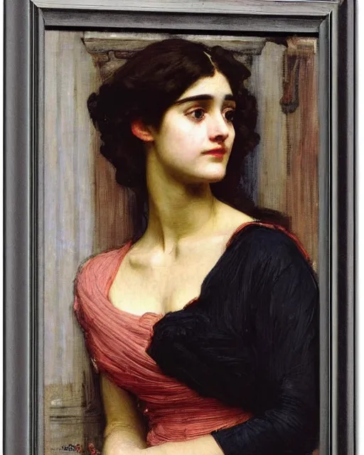 Image similar to portrait en buste of woman in greek dress by John William Waterhouse, Frederic Leighton