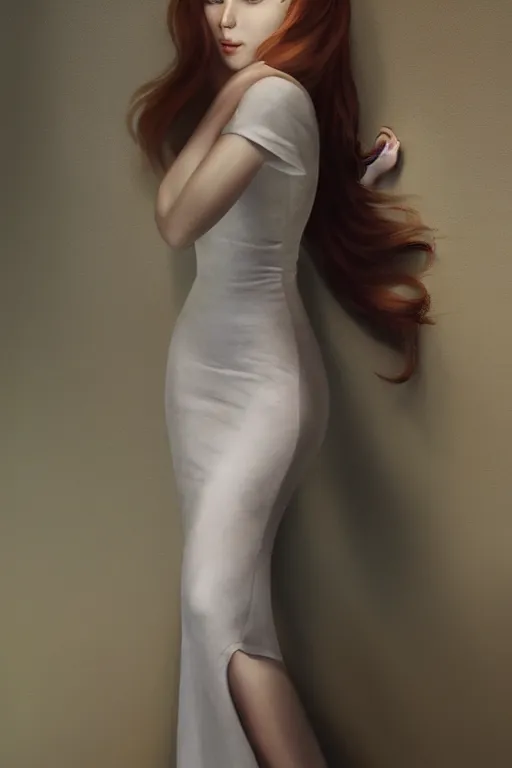 Image similar to ultra realist soft painting of a single beautiful female in a full long curvy slim dress, thin long auburn hair, very intricate details, volumetric lighting, symmetry accurate anatomy features, 1970 environment, unreal render