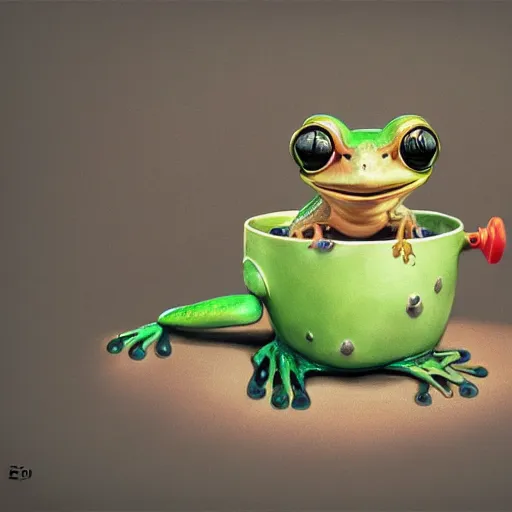 Image similar to playful long shot of a very happy cute frog baby sitting in a searose cup, by esao andrews, by m. w. kaluta, very humorous illustration, small depth of field, perspective perception, volumetric light, warm cosy colors, night scenery, low light, unreal engine 5, 8 k, conceptart, hyperdetailed, hyperrealistic, trending on artstation