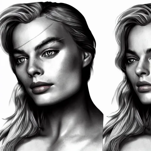 Image similar to margot robbie as a beautiful greek god, highly detailed, detailed face, digital art, trending on artstation