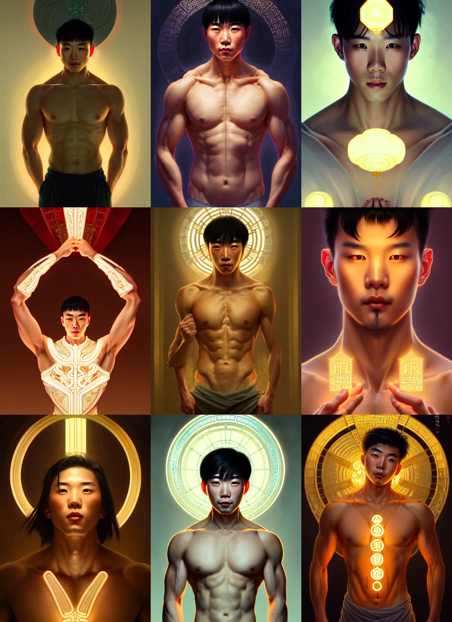 Prompt: symmetry!! portrait of a chinese attractive men, cottagecore!! fitness body, glowing lights!! intricate, elegant, highly detailed, digital painting, artstation, concept art, smooth, sharp focus, illustration, art by artgerm and greg rutkowski and alphonse mucha