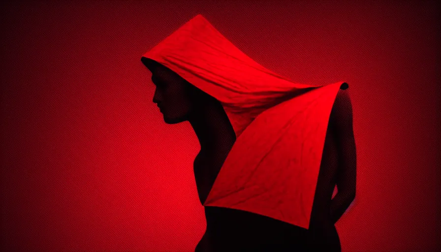 Image similar to enigmatic figure wrapped in red sheet in darkness, high contrast, hard light, digital art, rendering, cloth simulation, redshift