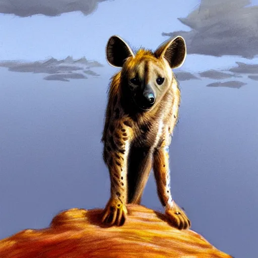 Prompt: concept art of an hyena standing on a rock looking out the horizon of the savana, realism, drawing