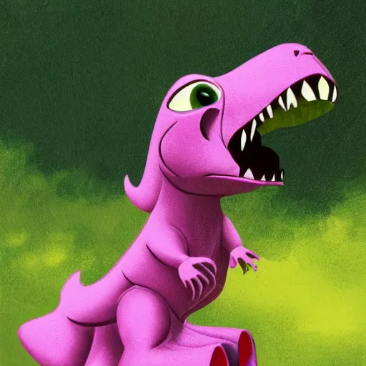 Prompt: T-Rex wearing princess dress and bow, in the style of Pixar