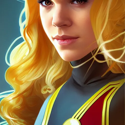 Prompt: Danielle Panabaker with blonde hair as Kid Flash, western, D&D, fantasy, intricate, elegant, highly detailed, digital painting, artstation, concept art, matte, sharp focus, illustration, art by Artgerm and Greg Rutkowski and Alphonse Mucha