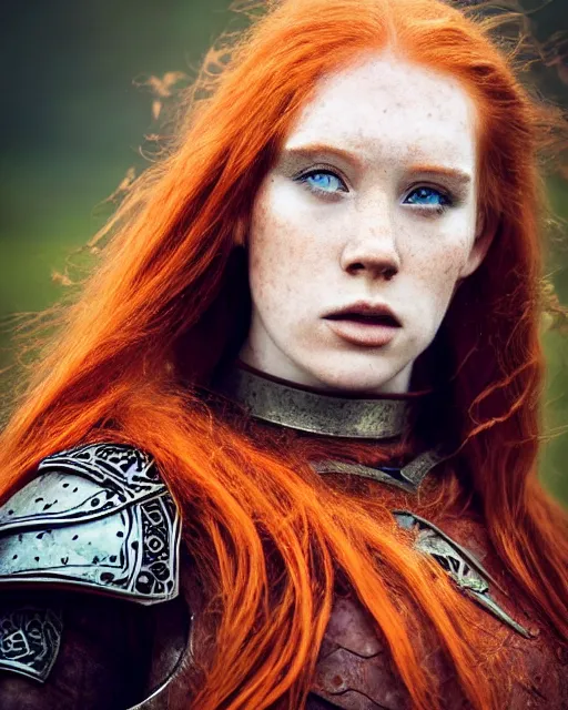 Image similar to north adult female warrior, red hair, ginger hair, long hair, fantasy, female Viking, high detailed, photography, cloudy, lightweight leather armour, Scandinavia, plain, detailed face, beautiful face, beautiful girl, look into the distance, professional model, glowing skin, serious face, full body,in full growth, professional photographer, masterpiece, 50 mm, 8k, 3D