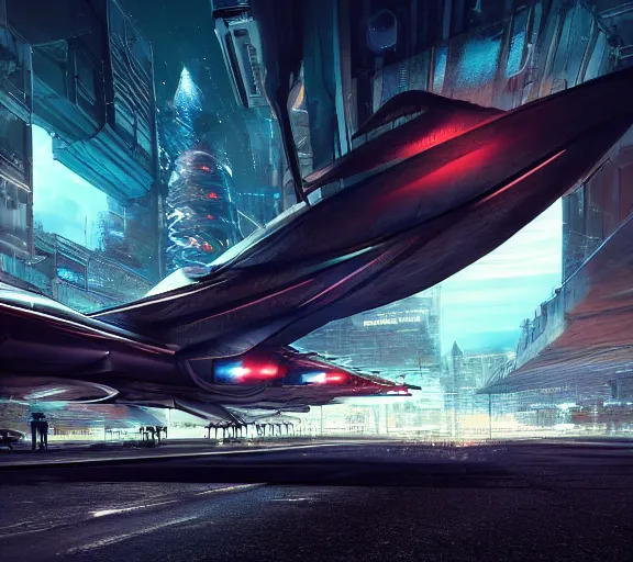 Prompt: immense futuristic sci fi jet lands at runway of cyberpunk city, night photo ,dark cinematic lighting , digital concept art